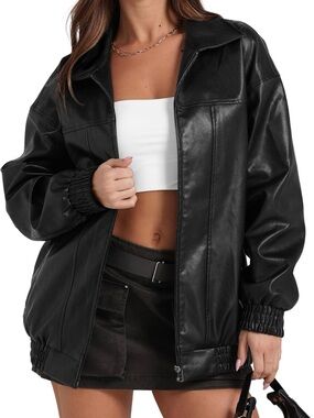 Women's Black Faux Leather Bomber Jacket by Sangora